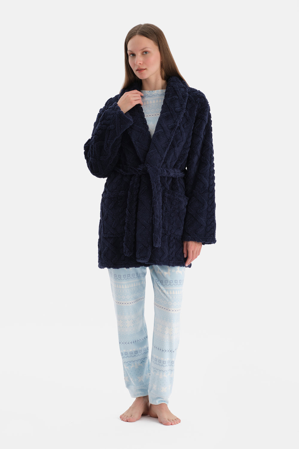 Lacivert Örgü Görünümlü Polar Sabahlık