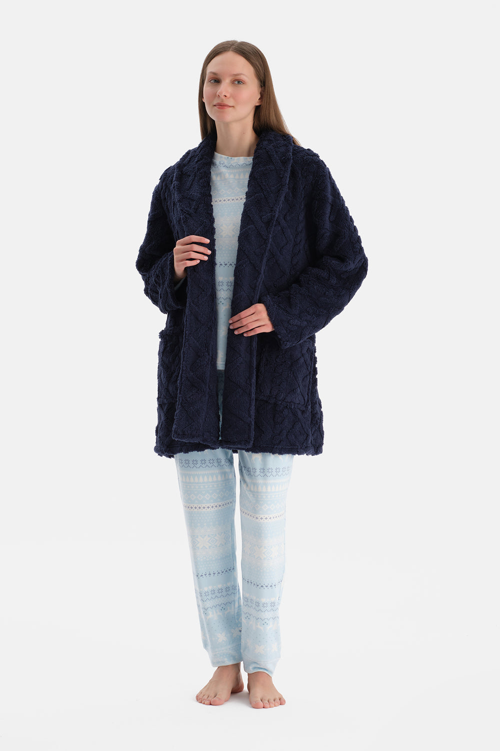 Lacivert Örgü Görünümlü Polar Sabahlık