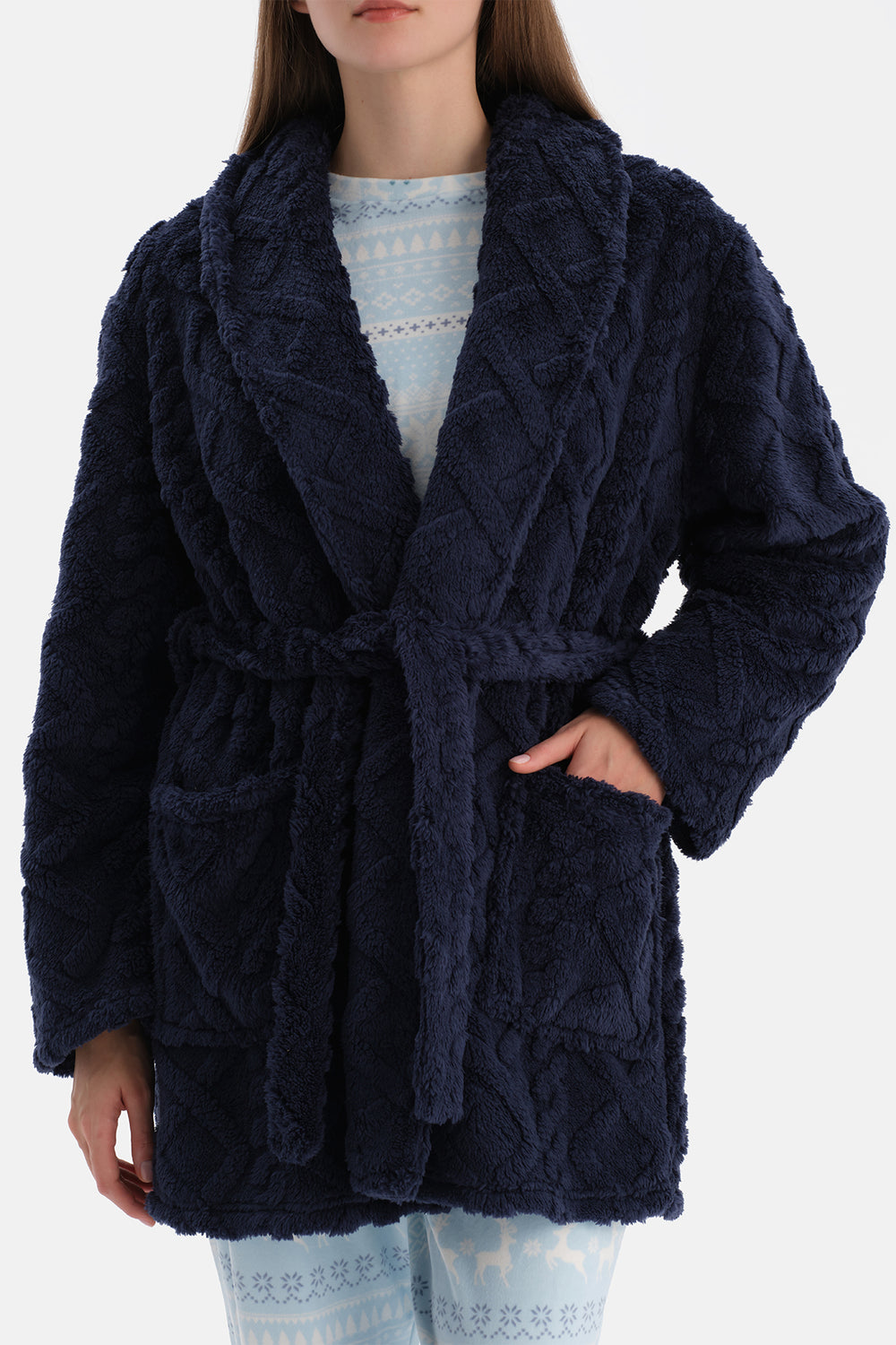 Lacivert Örgü Görünümlü Polar Sabahlık