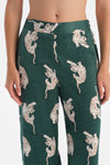 Koyu Yeşil Leopar Desenli Saten Pantolon