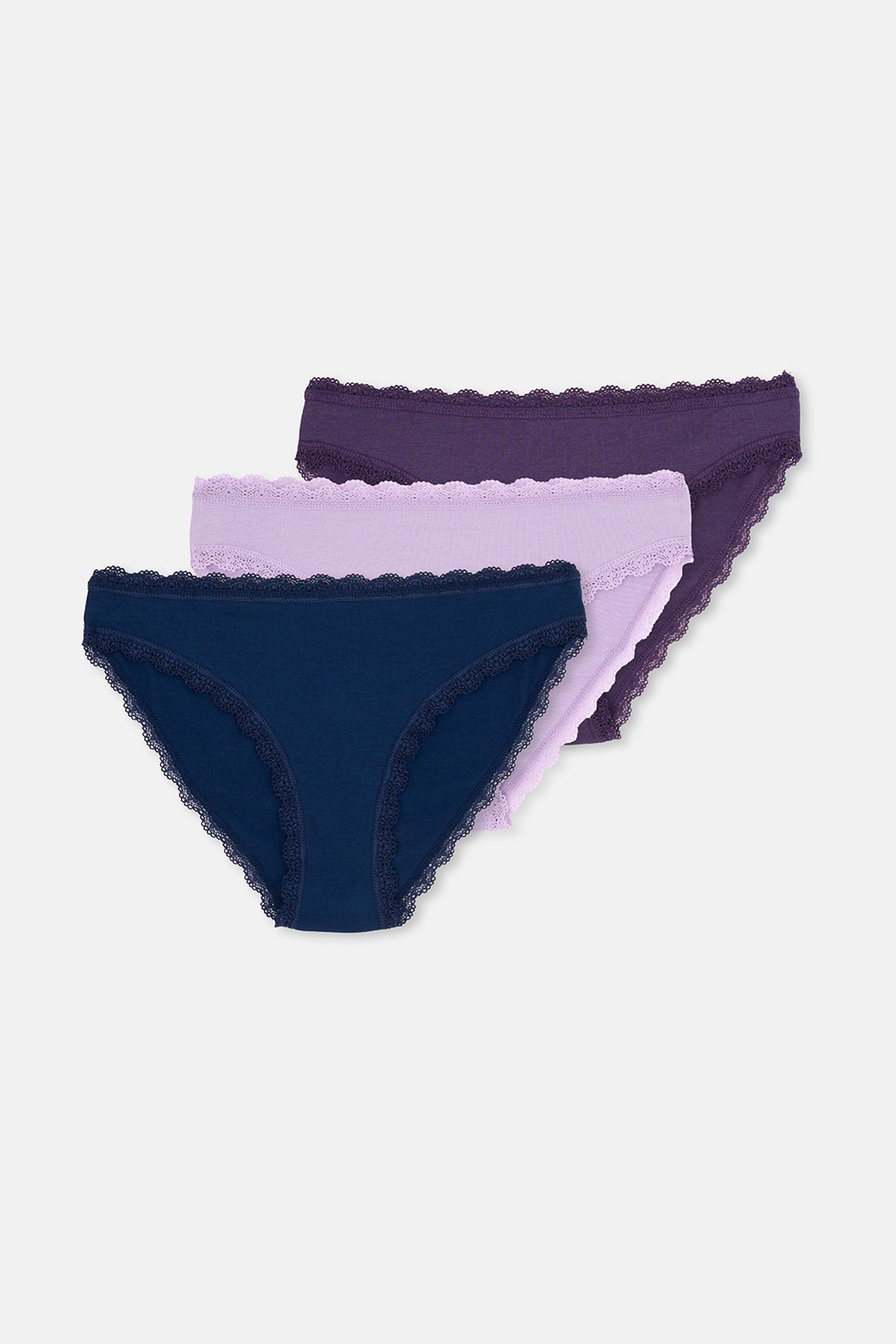 Lila-Mor 3'lü Bel Ve Paça Dantel Detaylı Düz Brief Külot