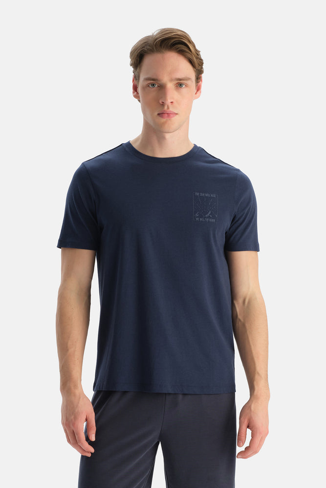 Lacivert Bisiklet Yaka Baskılı Tişört