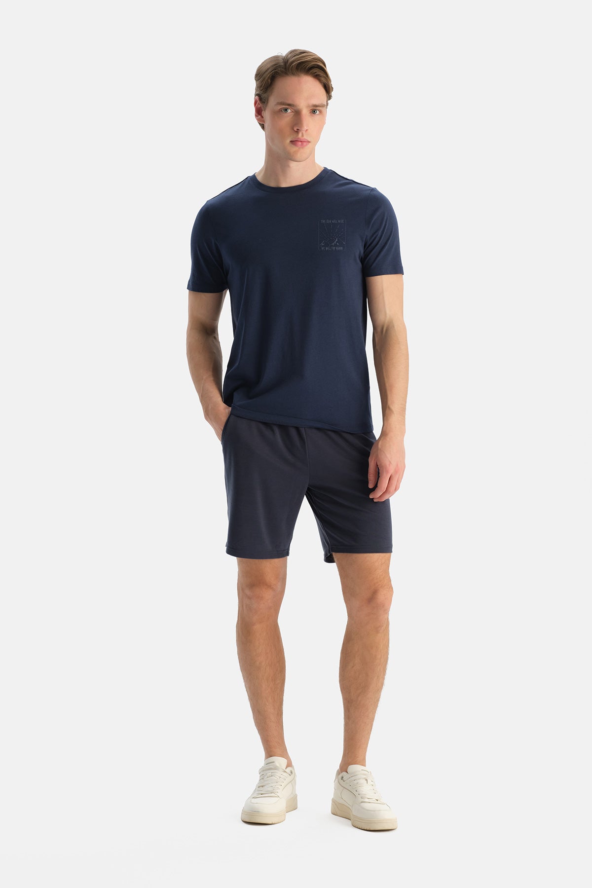 Lacivert Bisiklet Yaka Baskılı Tişört