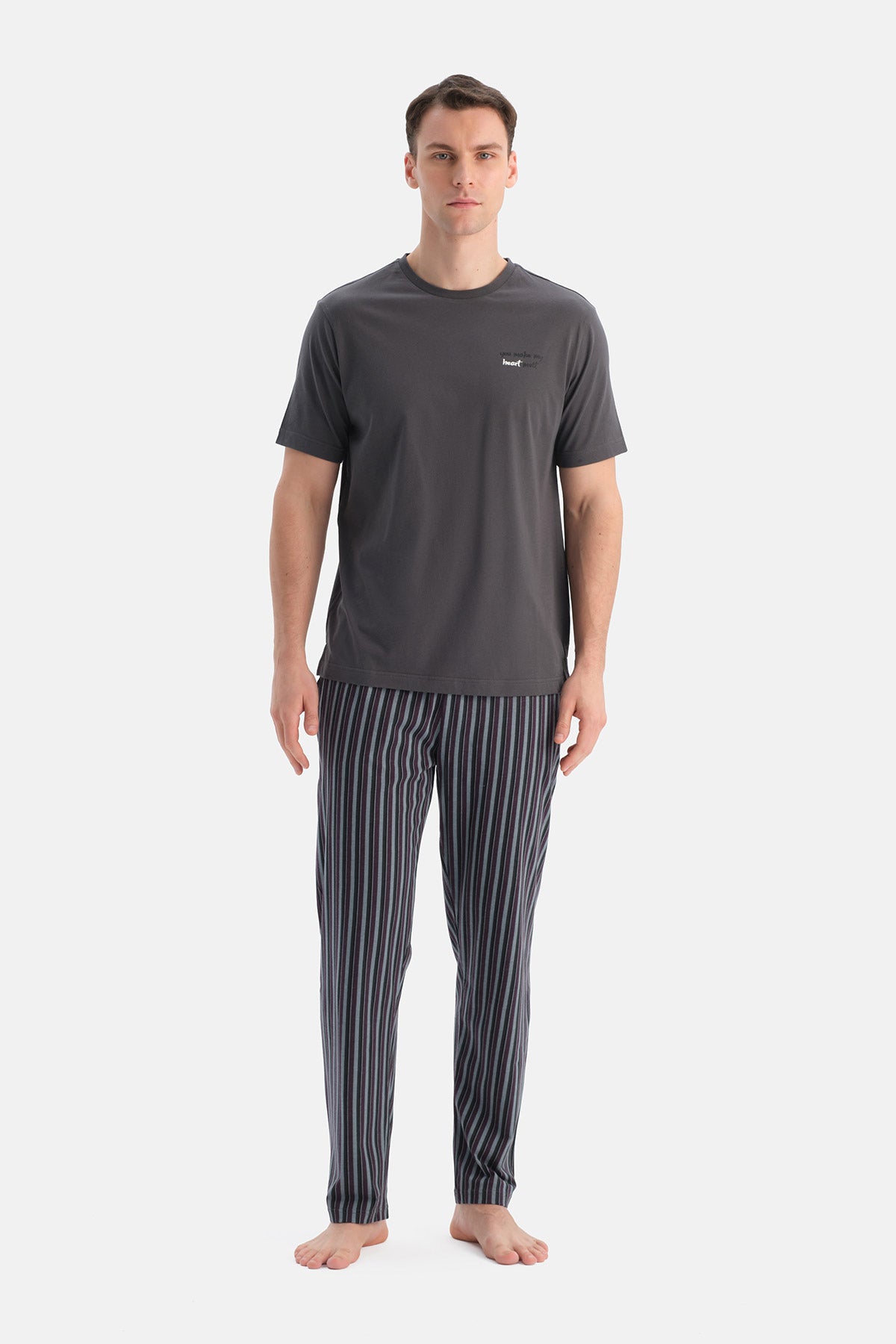 Füme Kısa Kollu Bisiklet Yaka Altı Çizgi Metraj Baskılı Pijama Takımı