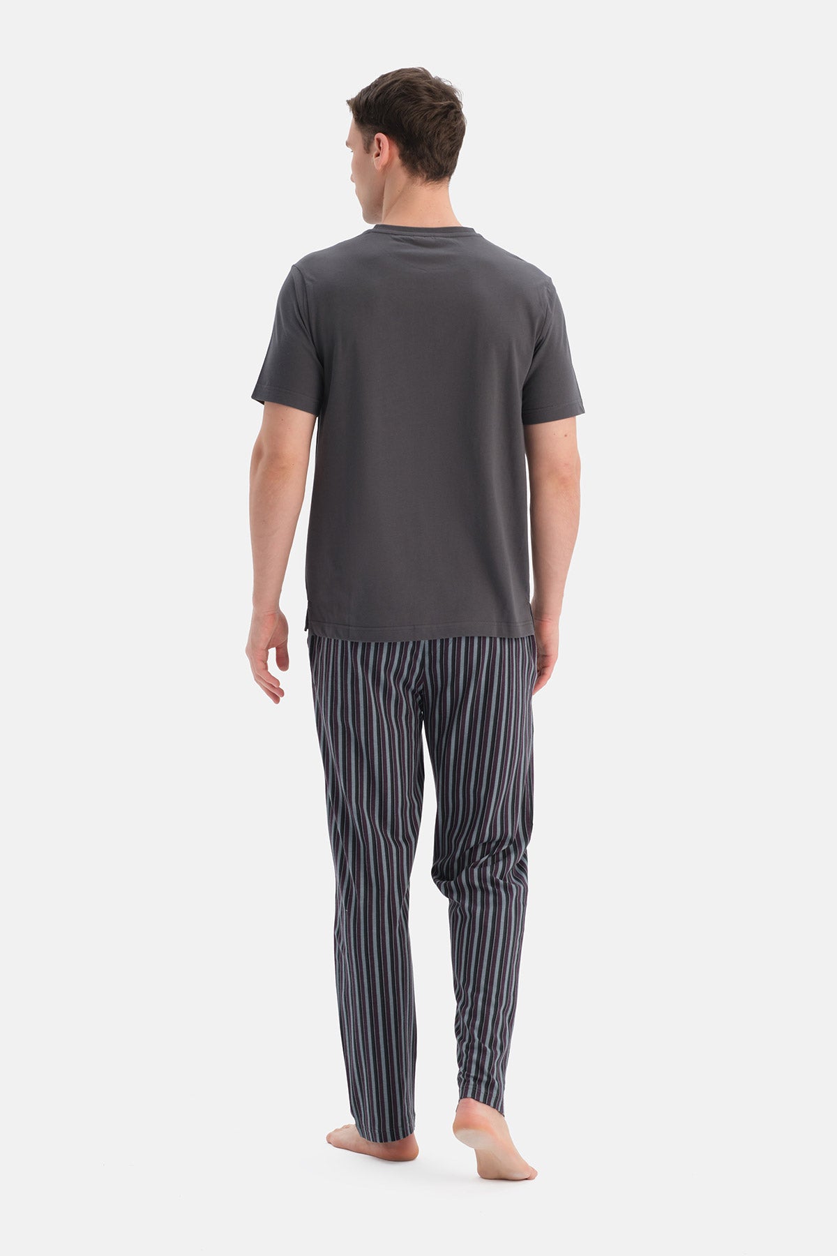 Füme Kısa Kollu Bisiklet Yaka Altı Çizgi Metraj Baskılı Pijama Takımı