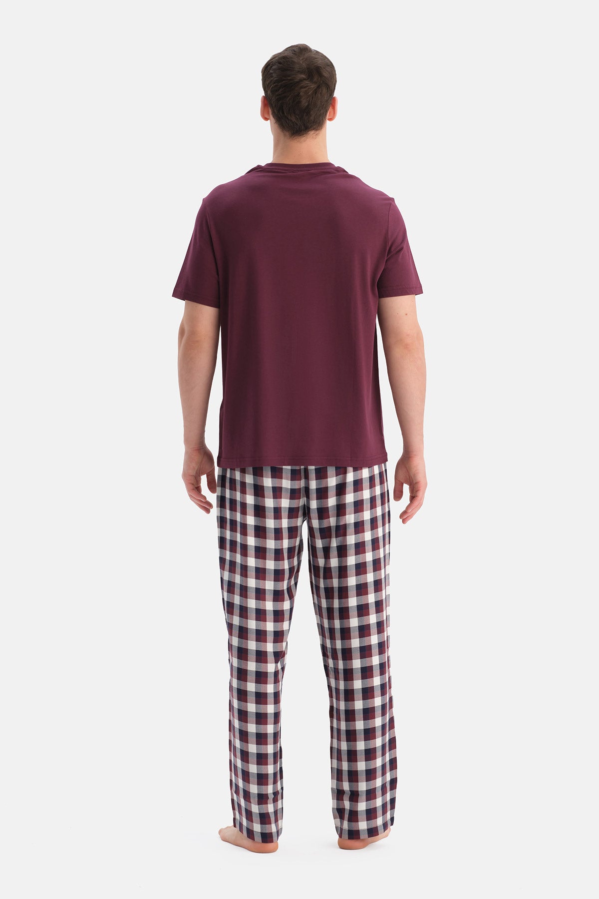 Bordo Kısa Kollu Tişört Ekoseli Pantolon Pijama Takımı