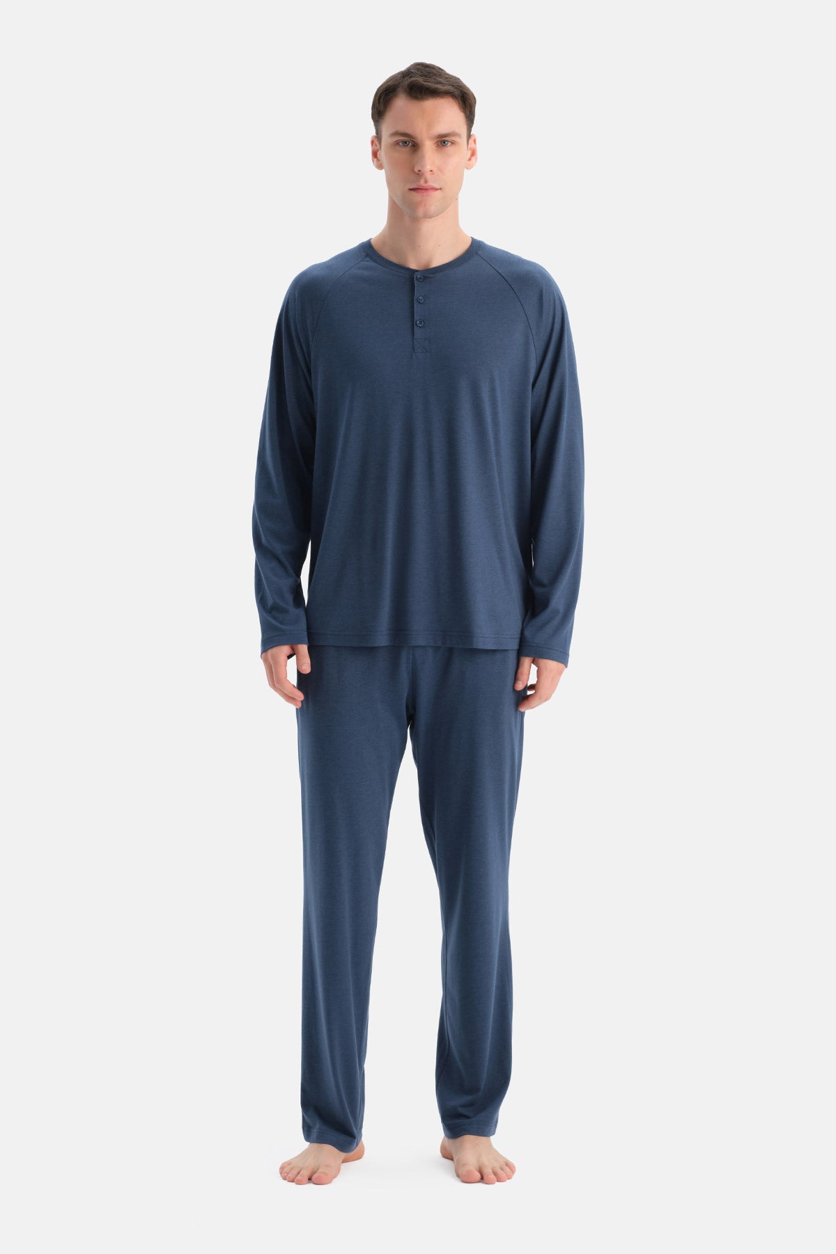 Lacivert Reglan Uzun Kollu Basıc Tişört Pantolon Pijama Takımı