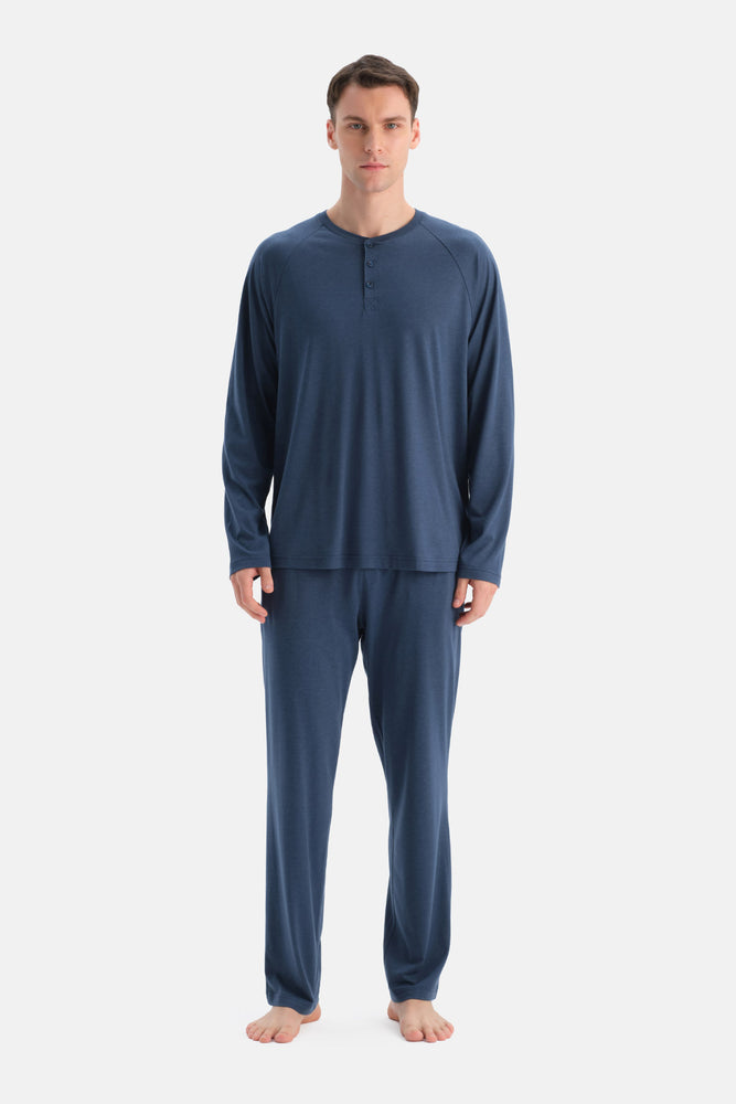 Lacivert Reglan Uzun Kollu Basıc Tişört Pantolon Pijama Takımı