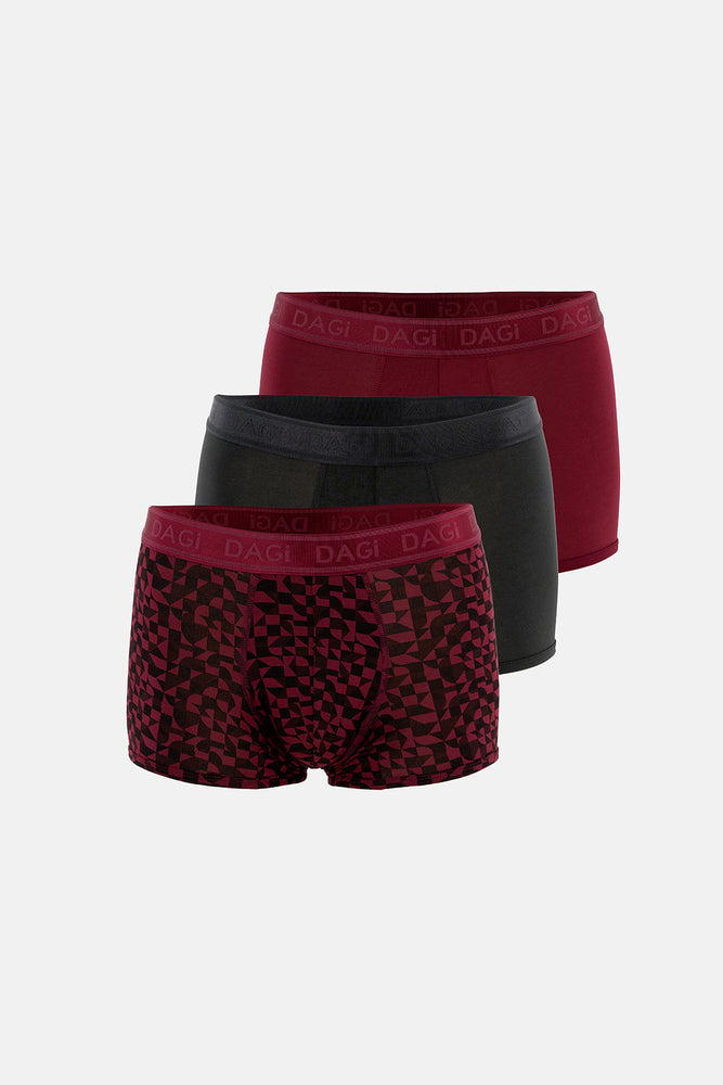 Bordo-Siyah 3'lü Desenli Micro Modal Boxer