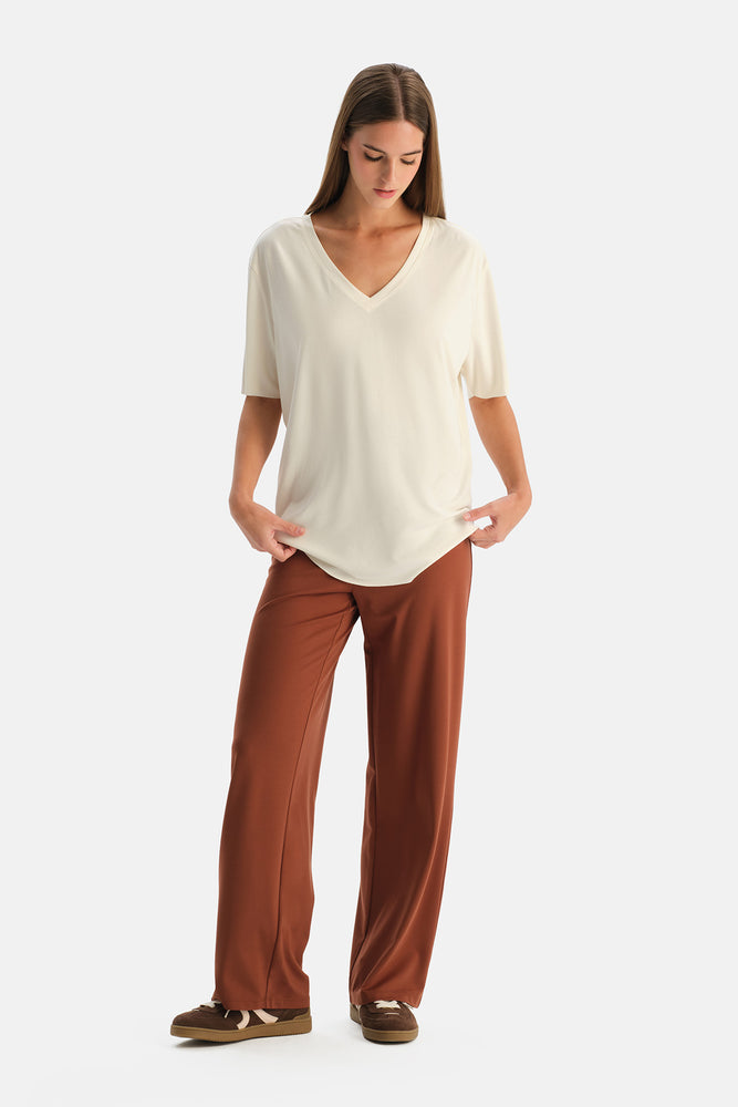 Kiremit Kordonlu Bol Paça Rayon Karışımlı Pantolon