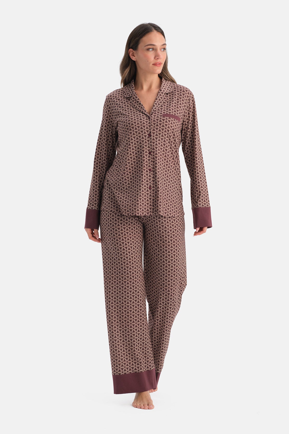 GEOMETRİK DESENLİ PAMUK MODAL GÖMLEK PANTOLON TAKIM