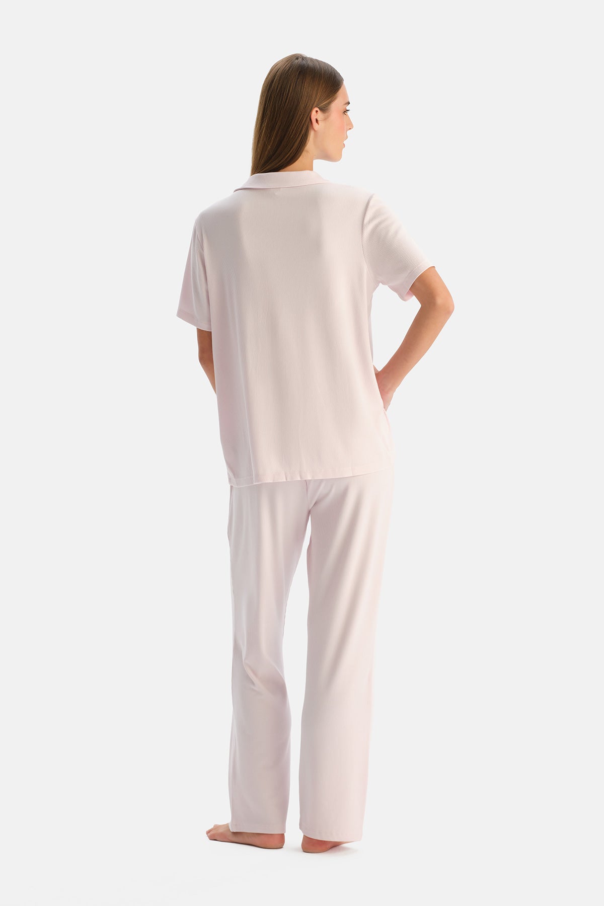 Açık Pembe Modal Ribana Gömlek Pantolon Pijama Takımı