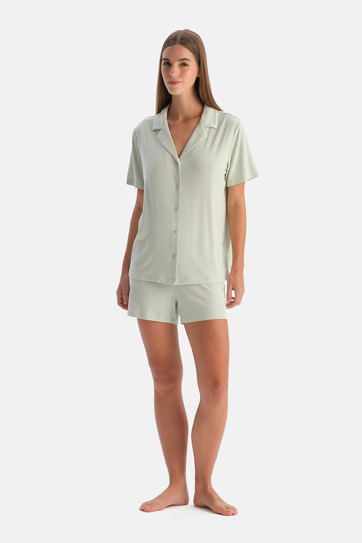 Su Yeşili Modal Ribana Gömlek Şort Pijama Takımı