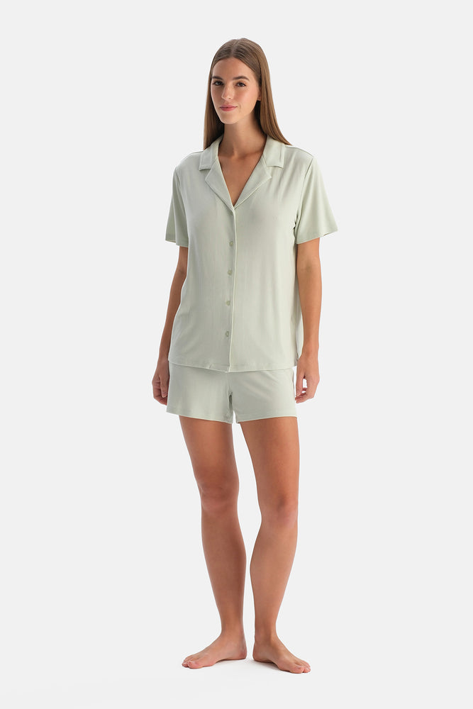 Su Yeşili Modal Ribana Gömlek Şort Pijama Takımı