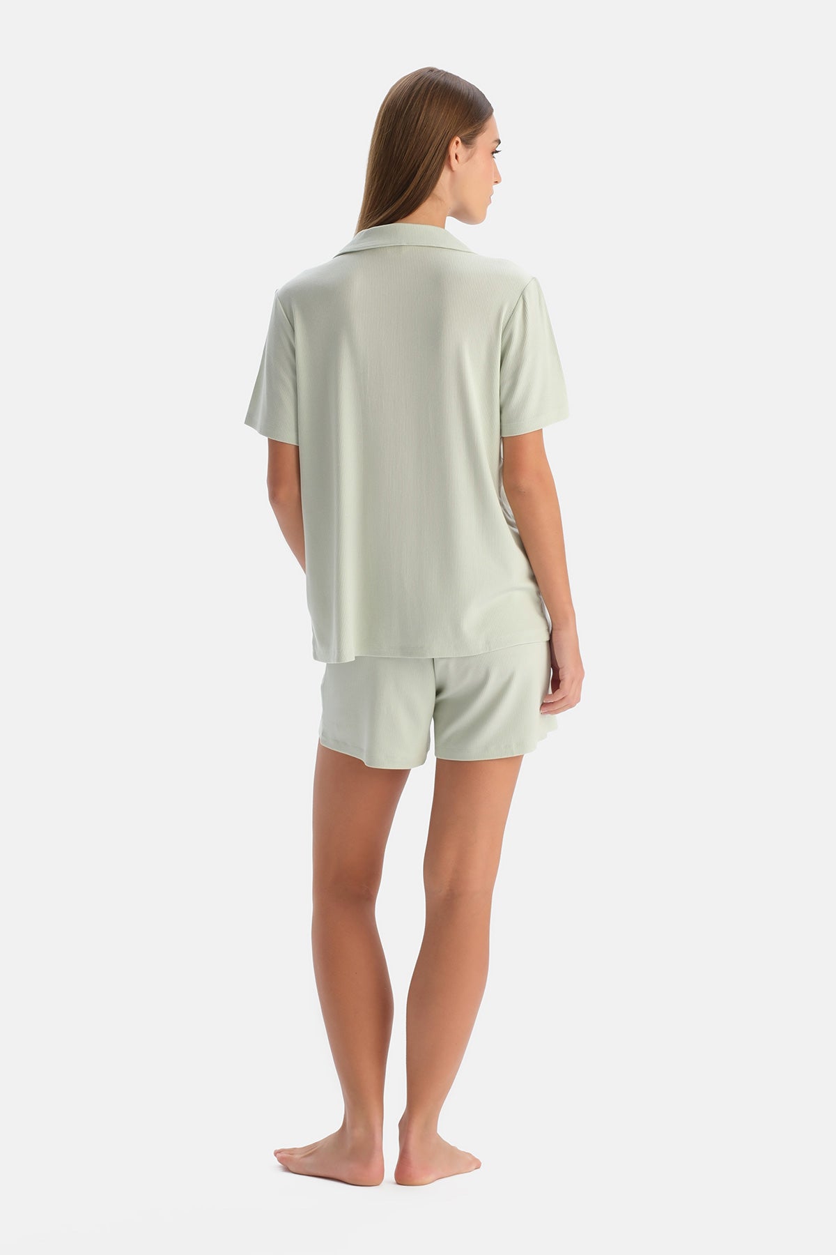 Su Yeşili Modal Ribana Gömlek Şort Pijama Takımı