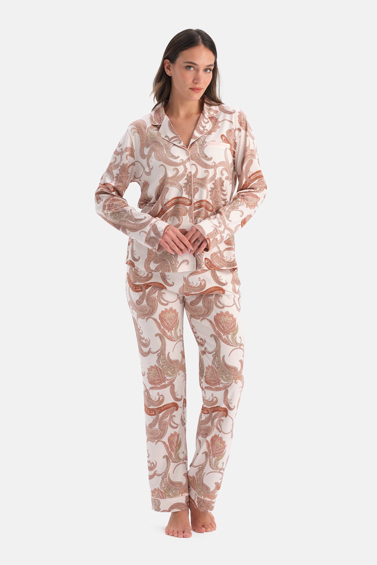 Açık Pembe Şal Desenli Penye Modal Gömlek Pantolon Pijama Takımı