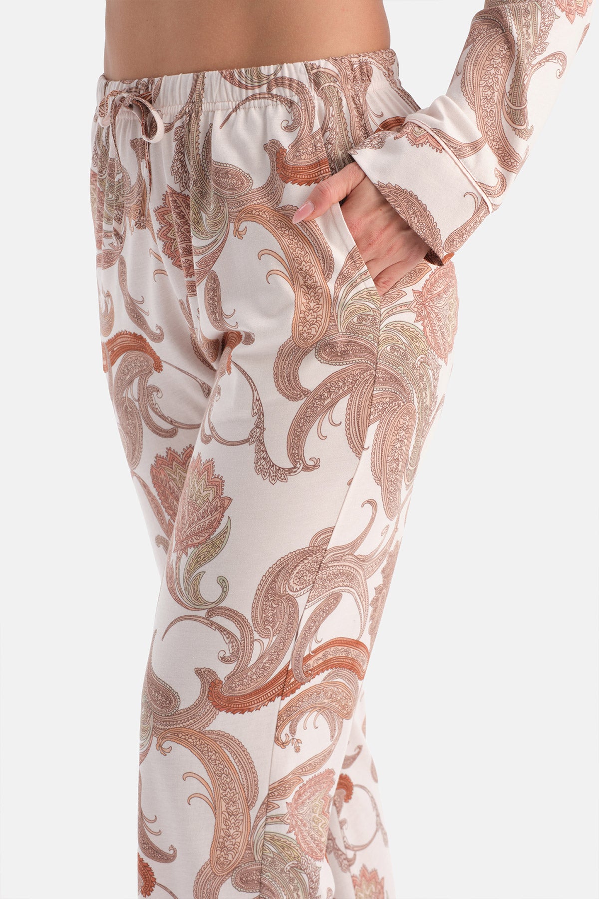 Açık Pembe Şal Desenli Penye Modal Gömlek Pantolon Pijama Takımı