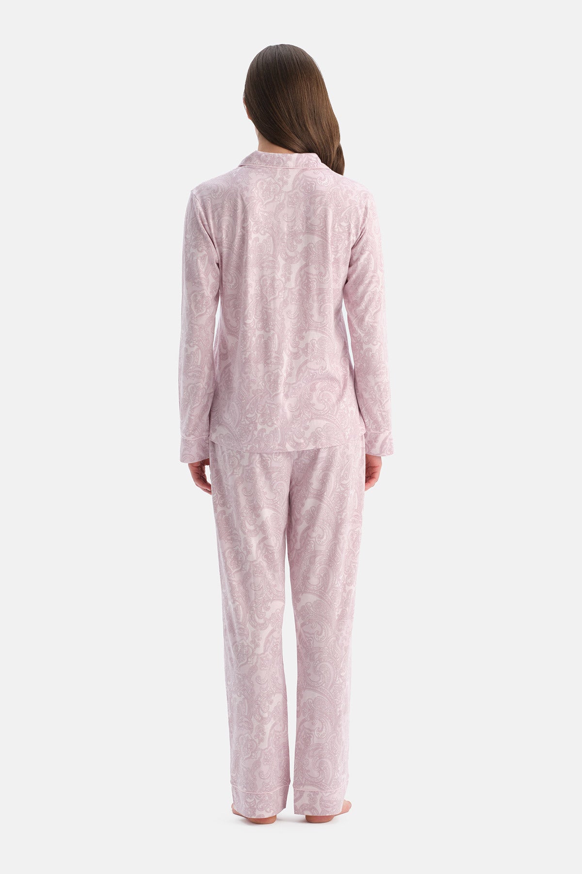 Açık Pembe Şal Desenli Gömlek Pantolon Takım