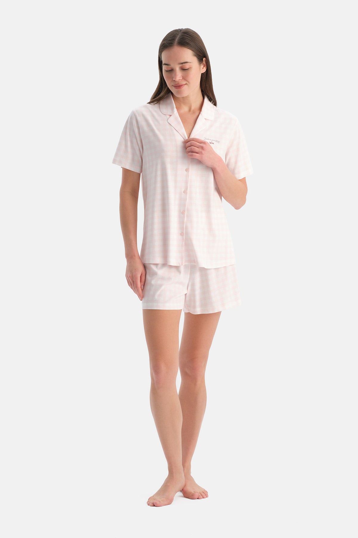 PÖTİKARELİ PAMUK MODAL GÖMLEK ŞORT TAKIM