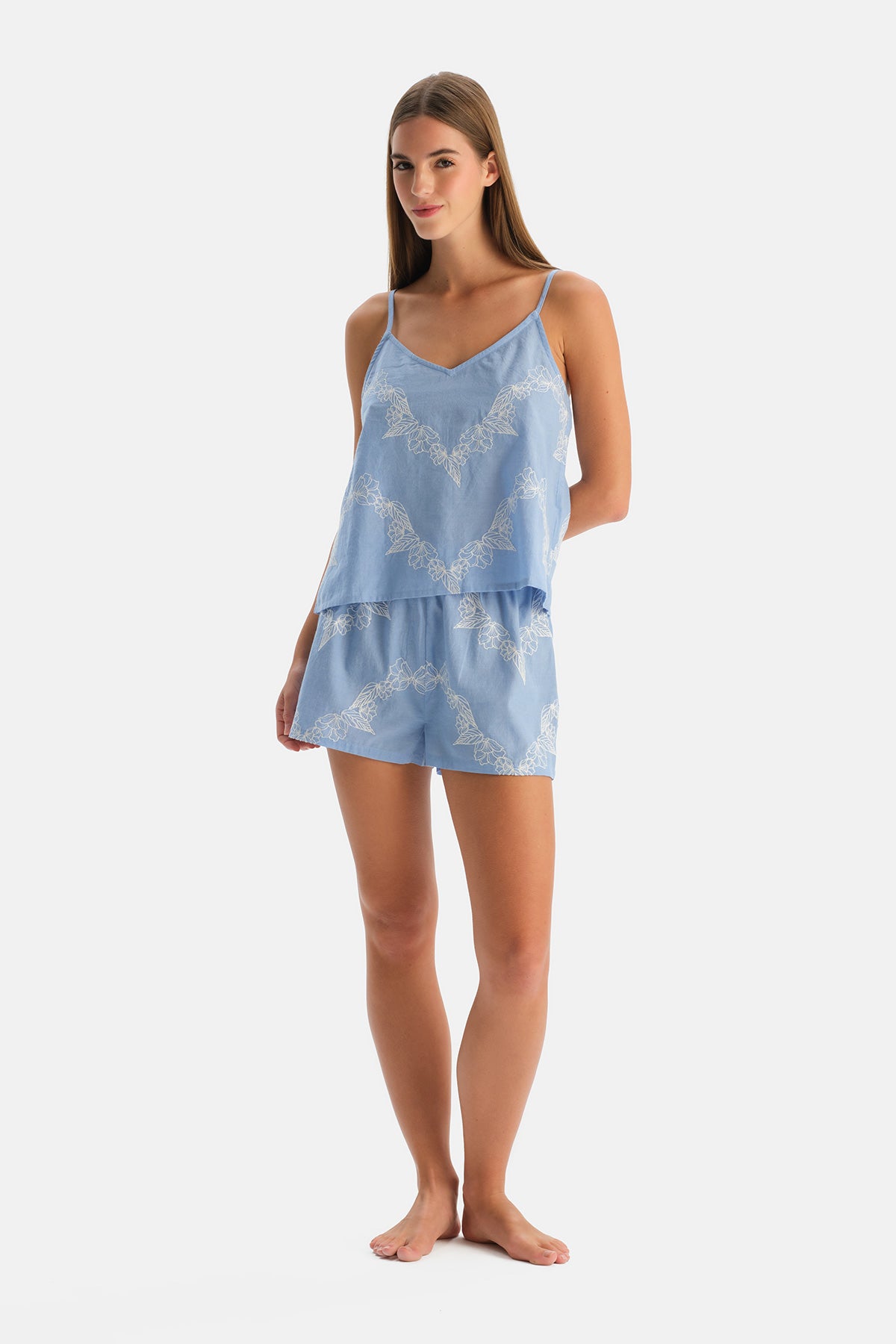 Mavi Nakış Detaylı Dokuma Camisole Şort Takım