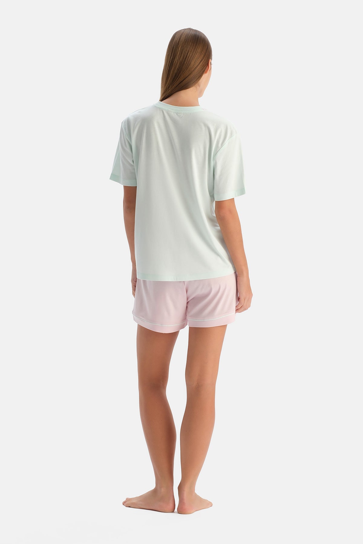 Su Yeşili Kısa Kollu Baskı Detaylı Tişört Şort Takım