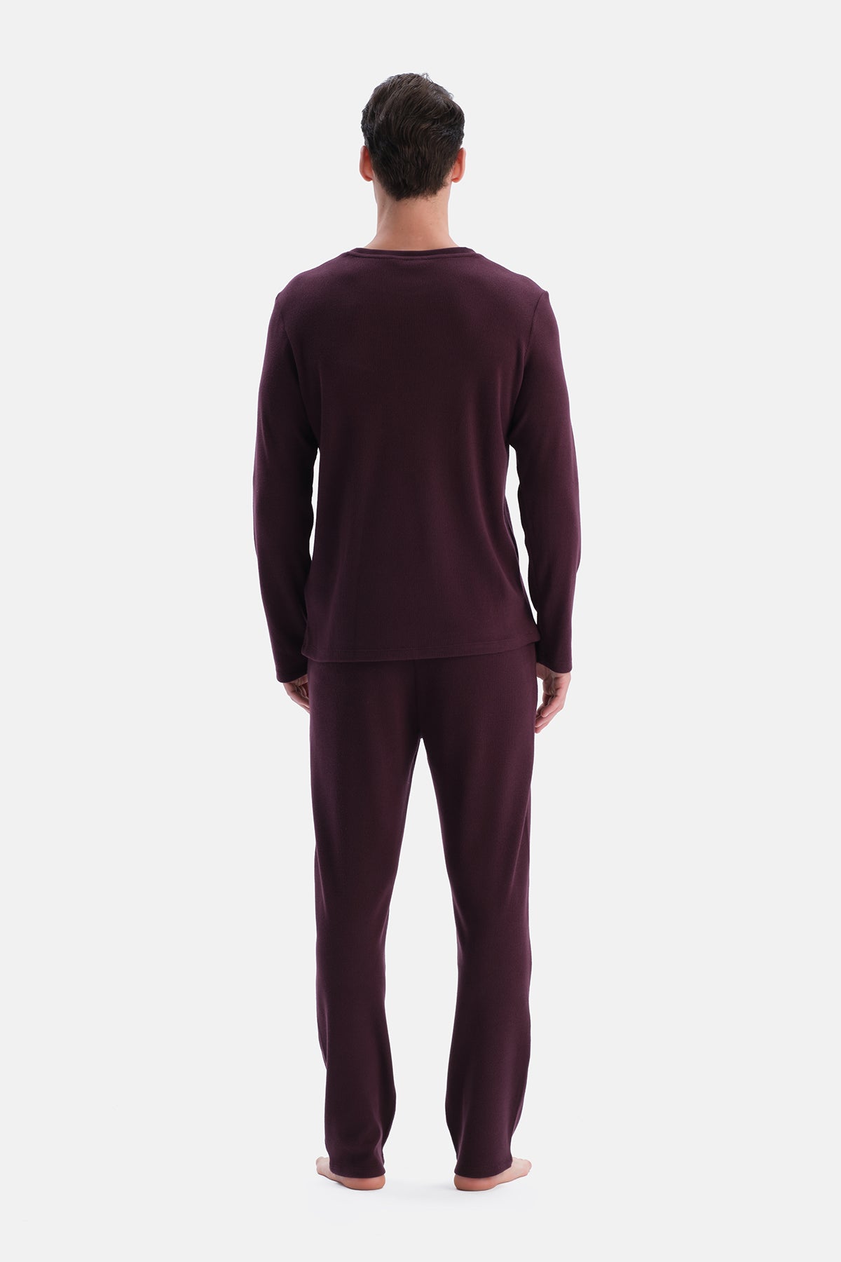 Bordo Uzun Kollu Waffle Tişört Pantolon Takım