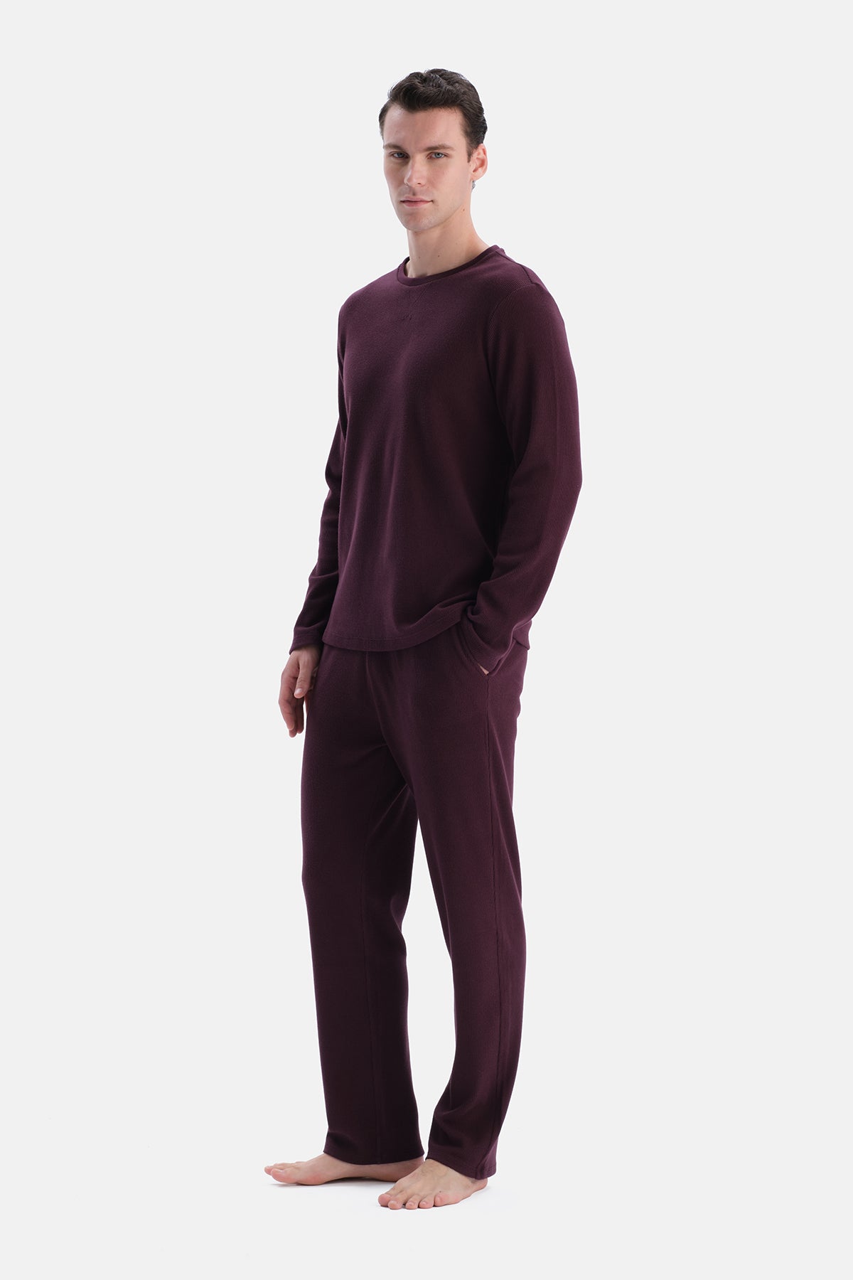 Bordo Uzun Kollu Waffle Tişört Pantolon Takım