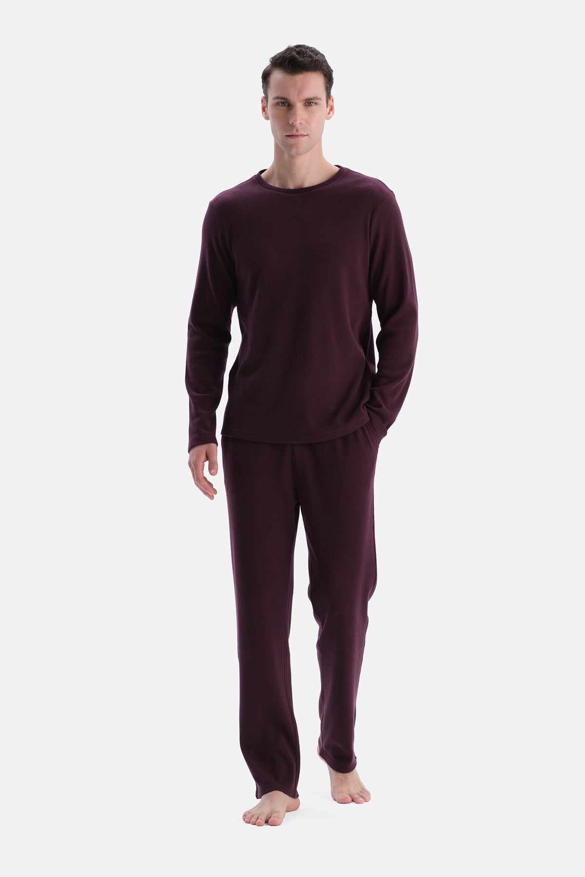 Bordo Uzun Kollu Waffle Tişört Pantolon Takım