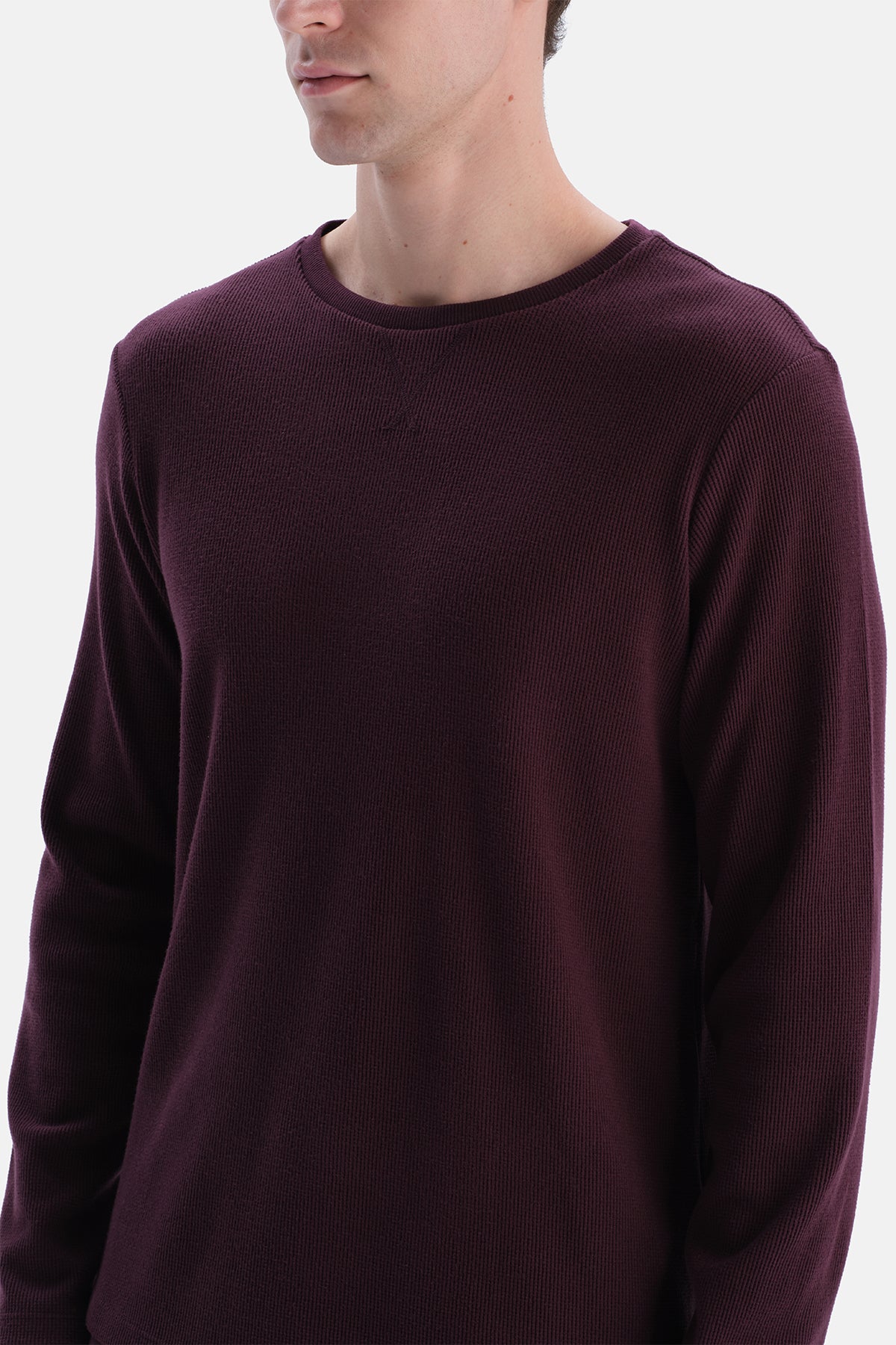 Bordo Uzun Kollu Waffle Tişört Pantolon Takım