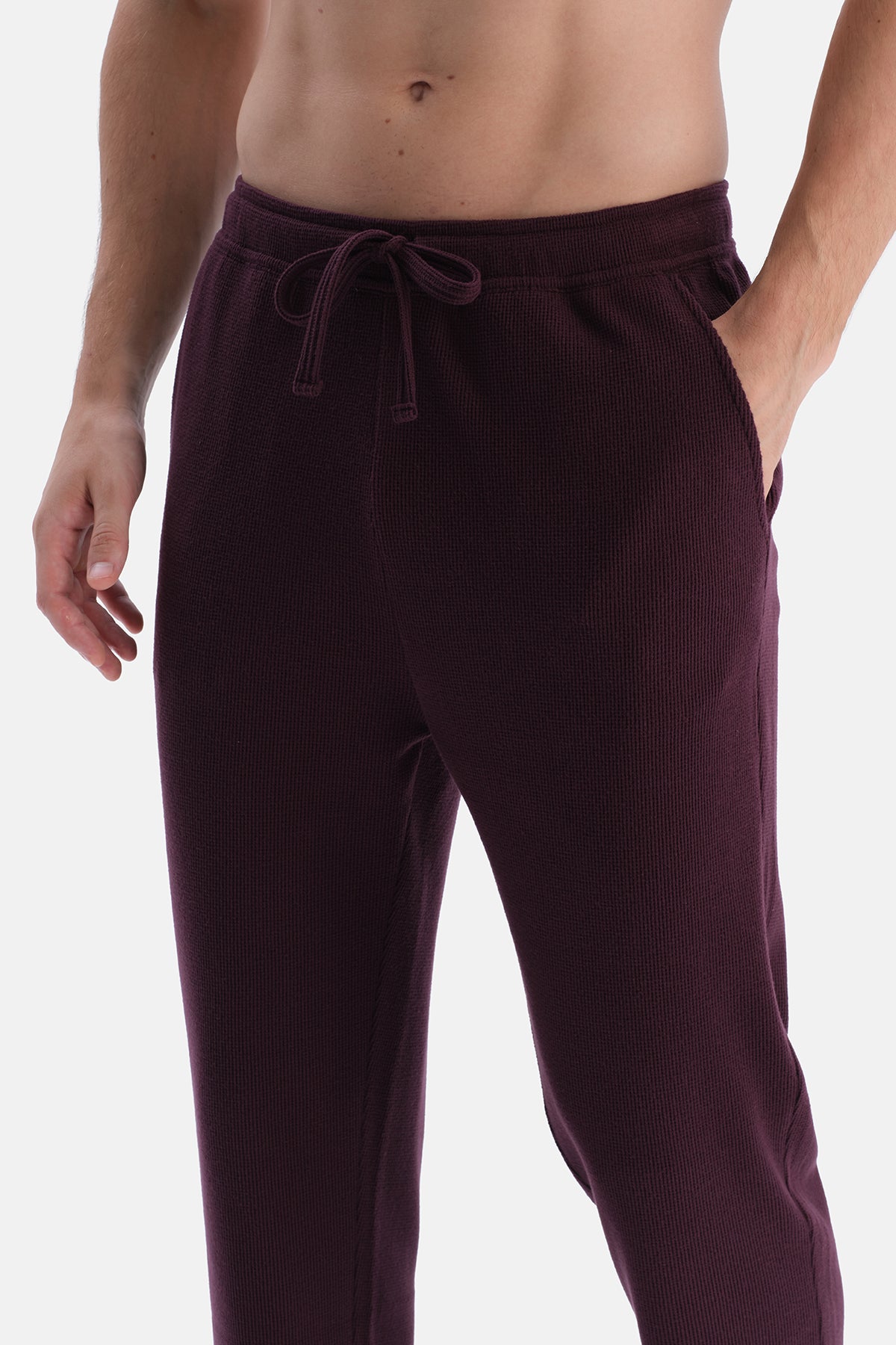 Bordo Uzun Kollu Waffle Tişört Pantolon Takım