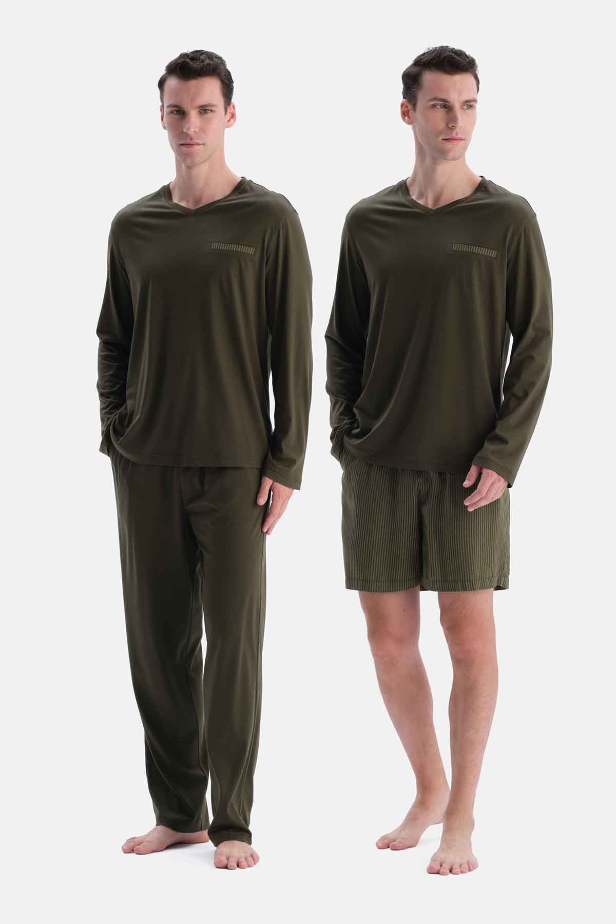 Haki Üçlü Uzun Kollu Pijama Takımı