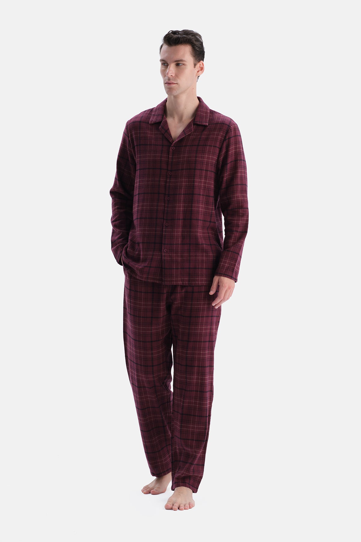 Bordo Ekose Flanel Gömlek Pantolon Takım