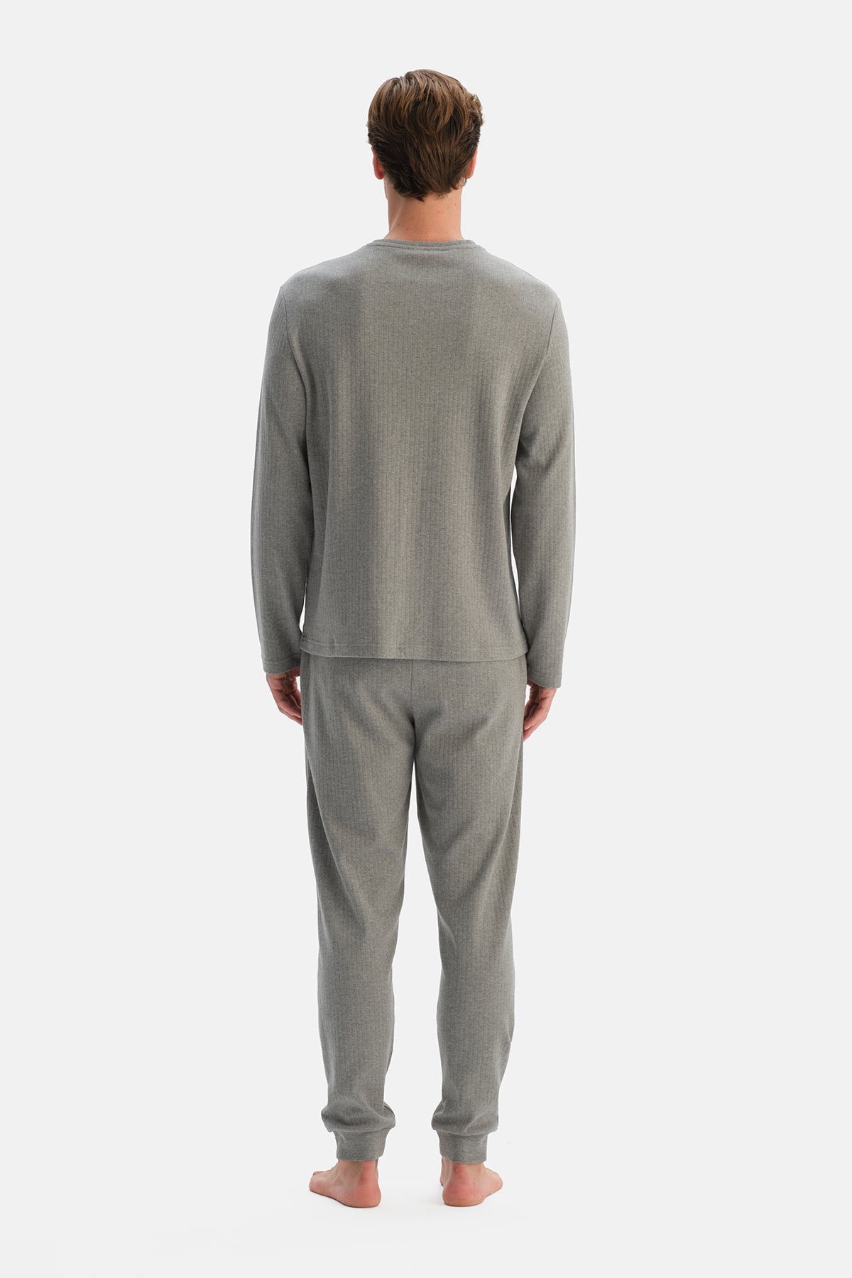 Gri Melanj Uzun Kollu İnterlok Tişört Pantolon Takım