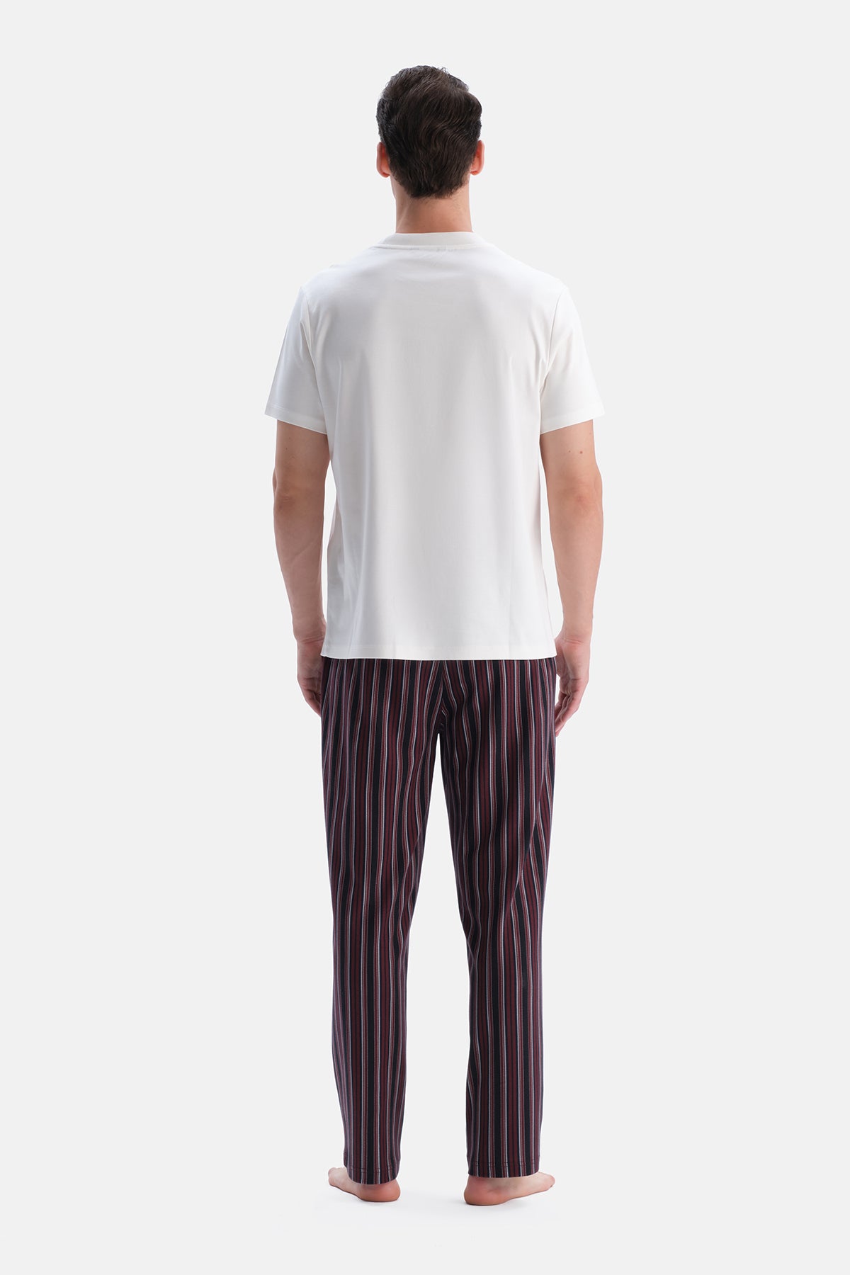Bordo Çizgi Desenli İnterlok Örme Pantolon