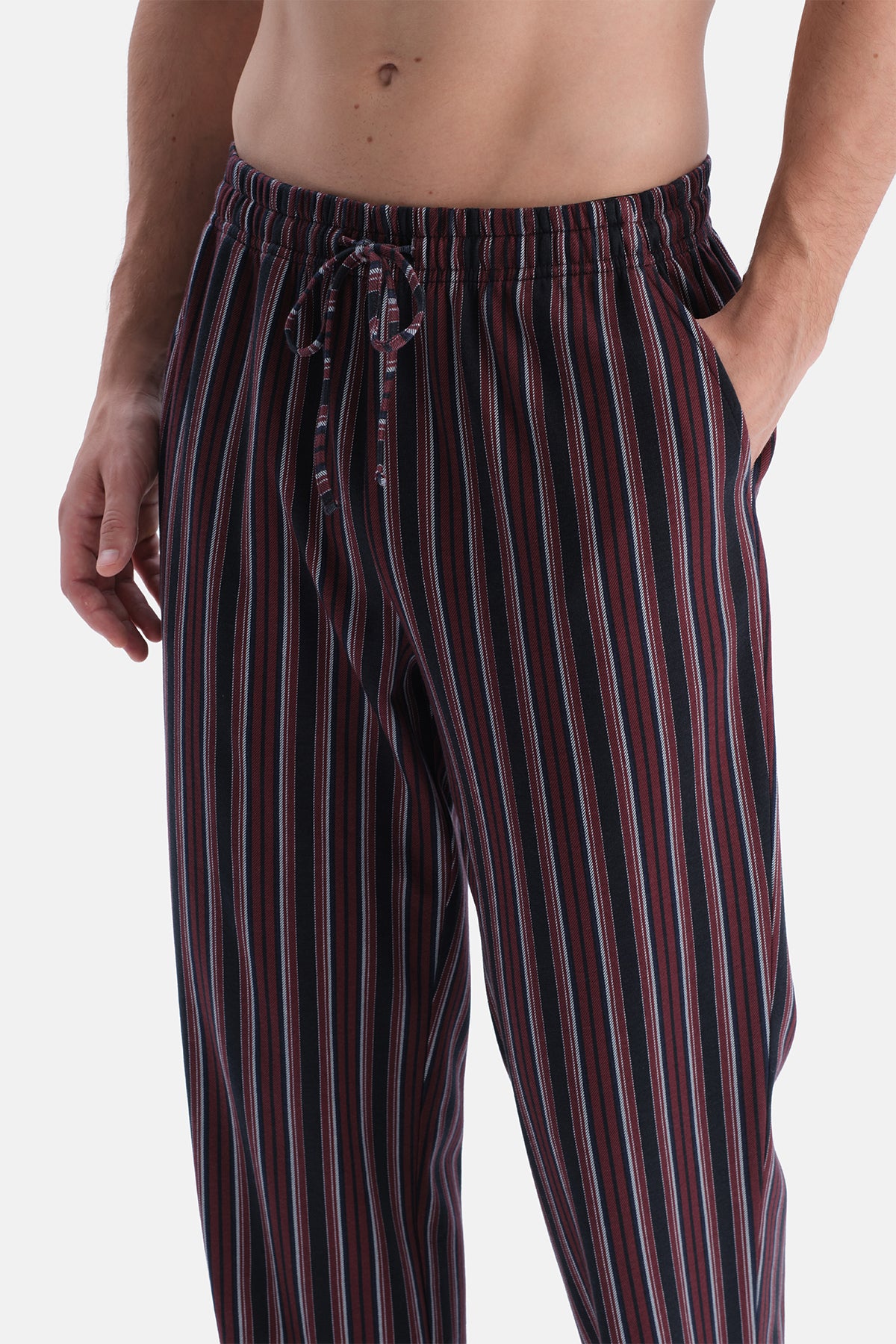 Bordo Çizgi Desenli İnterlok Örme Pantolon