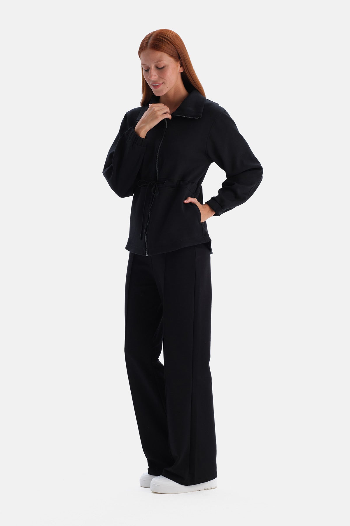Siyah Şardonlu Modal Bel Büzgülü Sweatshirt