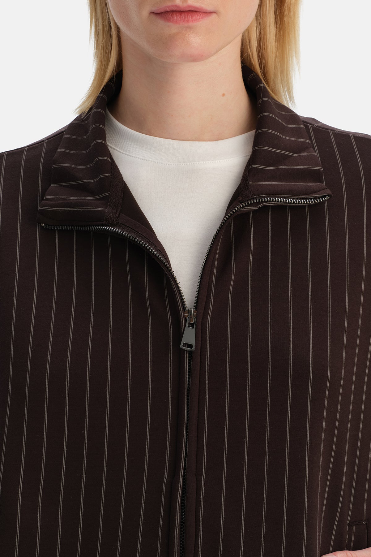 Koyu Kahve Çizgi Detaylı Fermuarlı Sweatshirt