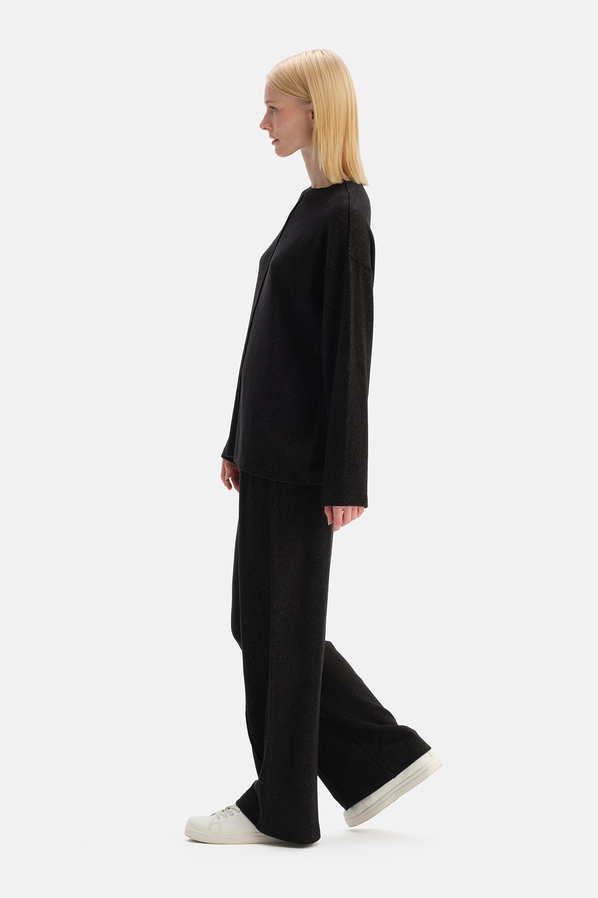 Antrasit Melanj Nervür Detaylı Bisiklet Yaka Bluz