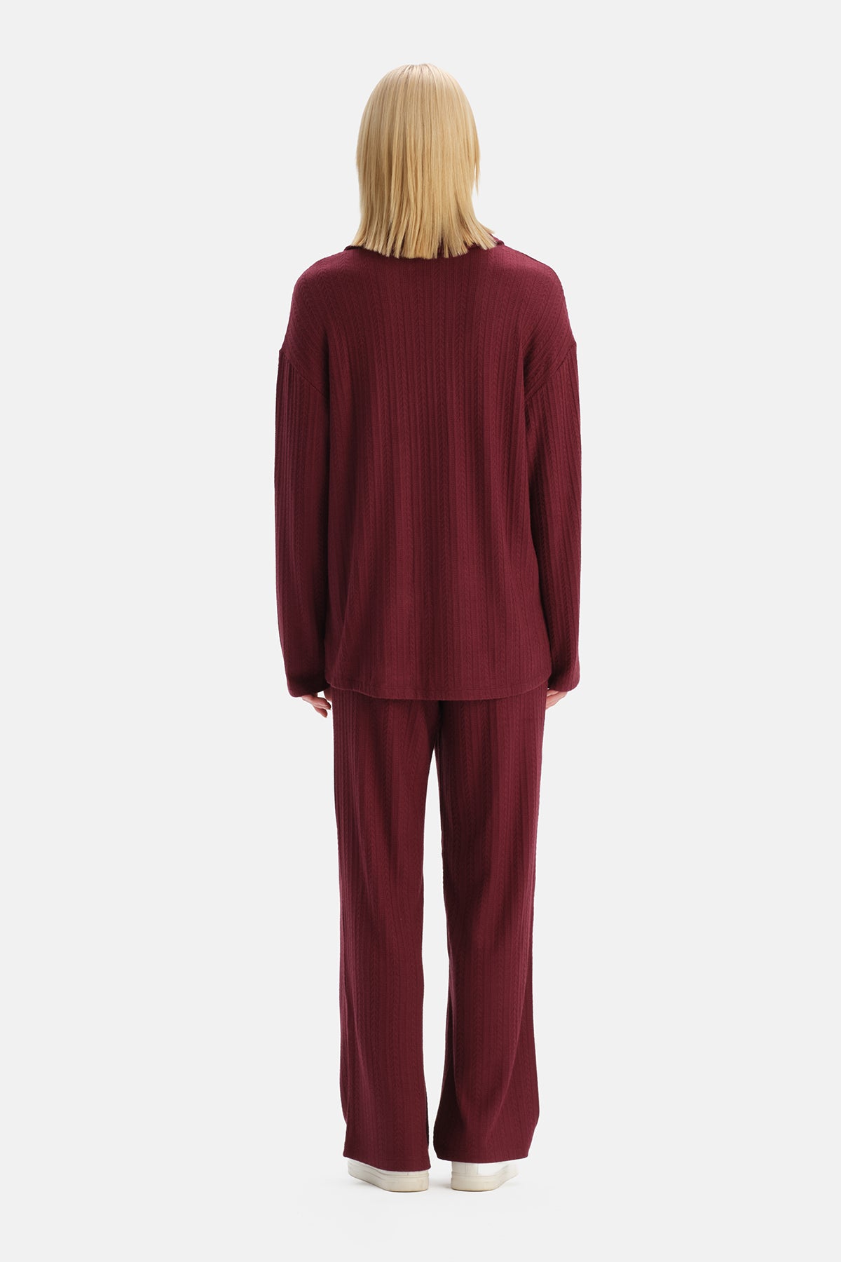 Bordo Örgü Detaylı Polo Yaka Bluz