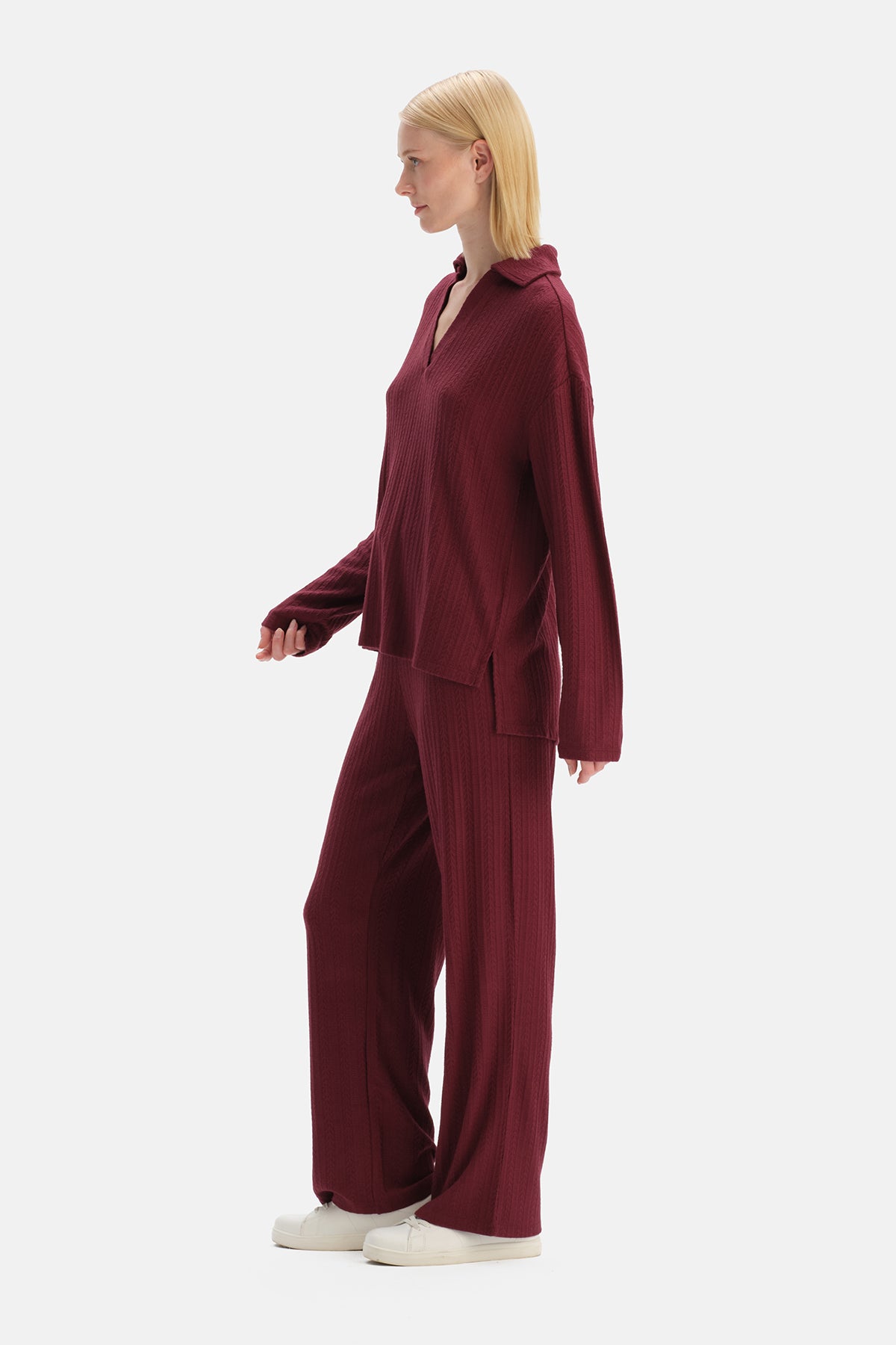 Bordo Örgü Detaylı Polo Yaka Bluz