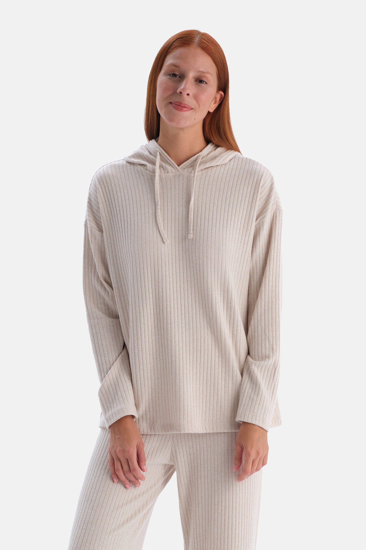 Ekru Melanj Kapşonlu Kalın Rib Sweatshirt