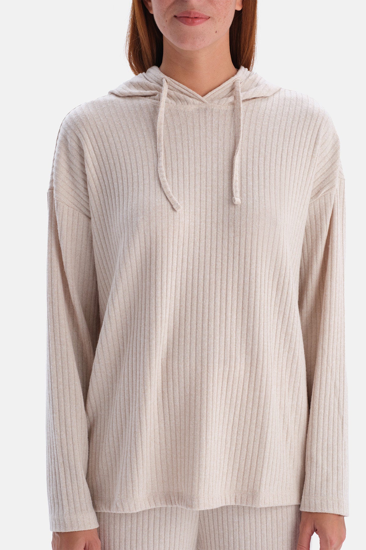 Ekru Melanj Kapşonlu Kalın Rib Sweatshirt