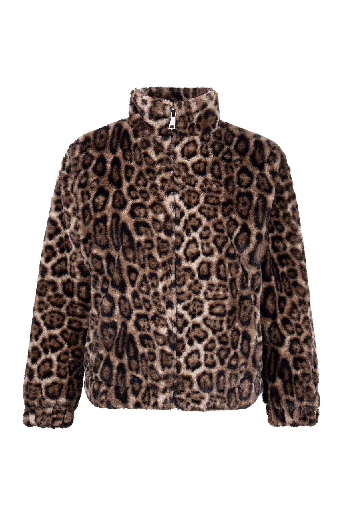 Kahverengi Leopar Desenli Peluş Mont