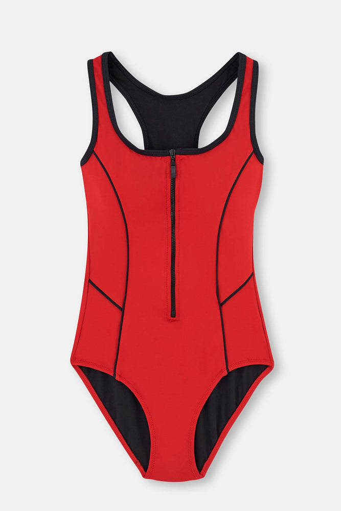 Kırmızı Fermuarlı Çizgi Detay Kalın Askı Yüzücü Mayo