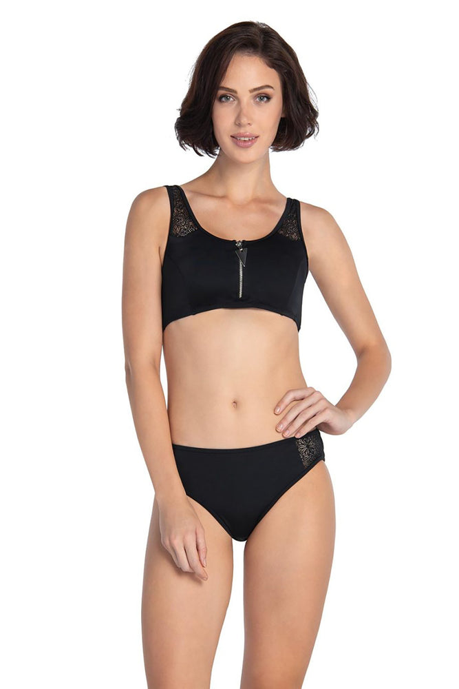 Siyah Fermuarlı Desenli Askı Luplu Mayo