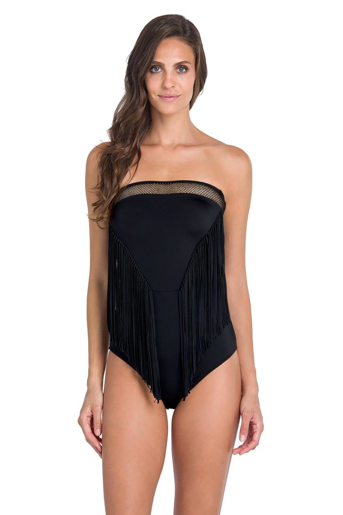 Siyah Püsküllü Dekolte Straplez Mayo