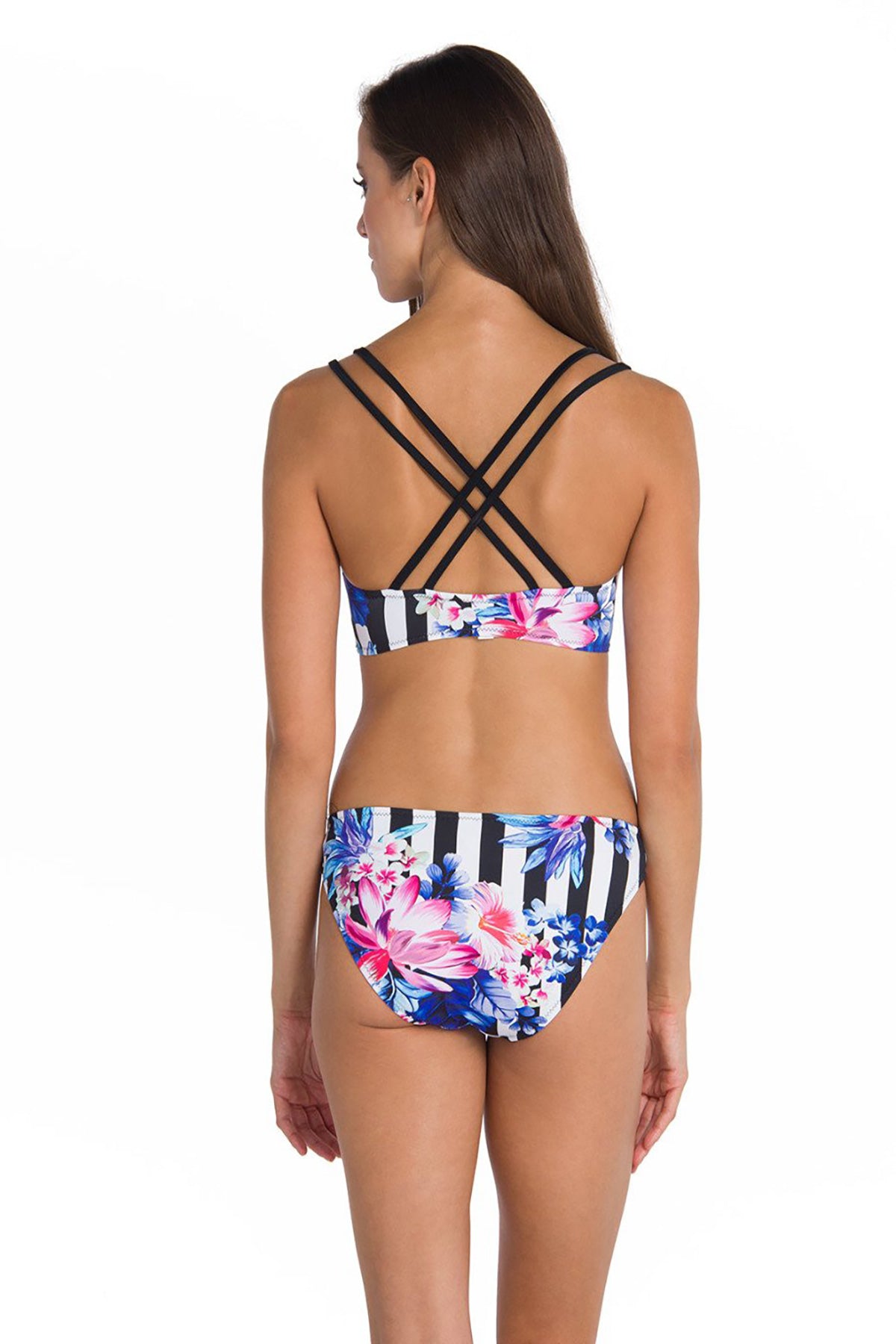 Pembe Çizgili Çiçek Desenli Kaplı Bikini Takımı