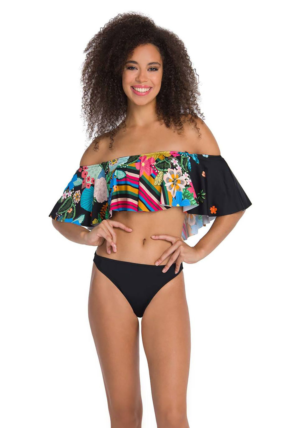 Siyah Üstü Çiçek Desenli Volanlı Bikini Takımı