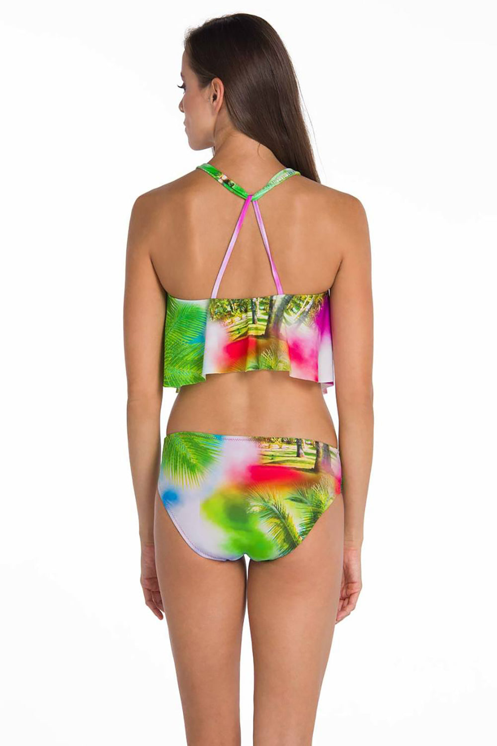 Fuşya Kafes Büstiyer Palmiye Desen Bikini Takımı