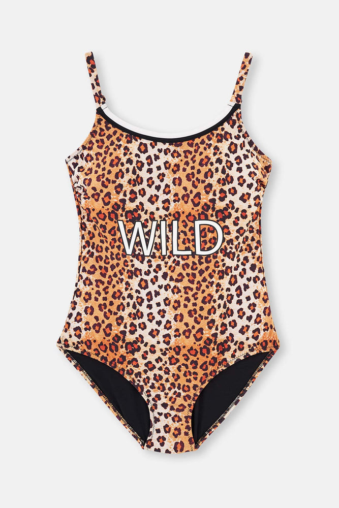 Kahve Leopar Desenli Ince Askılı Mayo